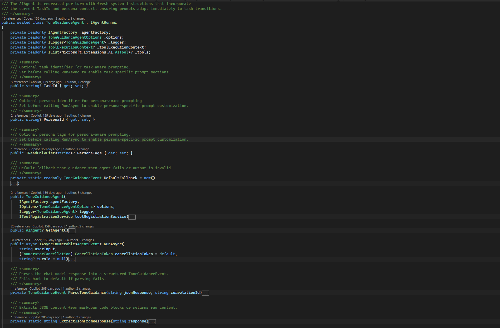 Screenshot of C# source code showing ToneGuidanceAgent class definition with private fields, public properties, and method signatures with XML documentation comments.