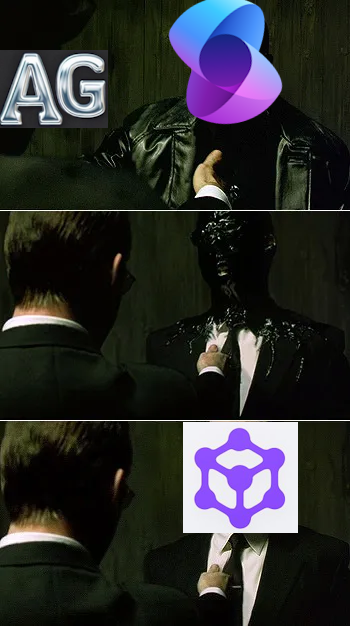 Three-panel meme from The Matrix showing a figure in sunglasses and suit. Top panel: figure with head replaced by blue-to-pink gradient blob labeled "AG". Middle panel: figure with head replaced by a black spherical shape. Bottom panel: figure with head replaced by a purple geometric abstract symbol.
